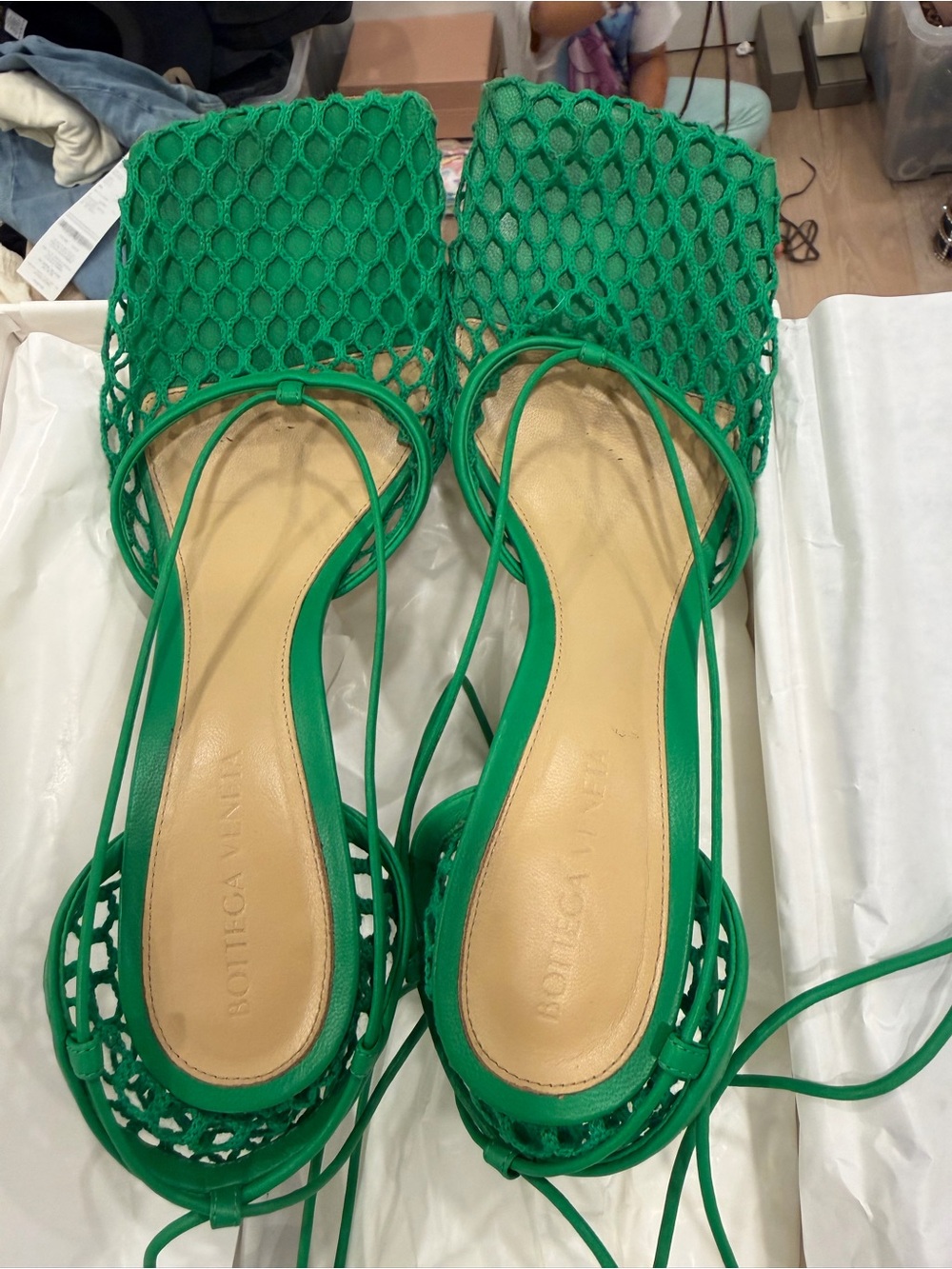 Bottega Veneta Green Woven Square-Toe Lace-Up Mules